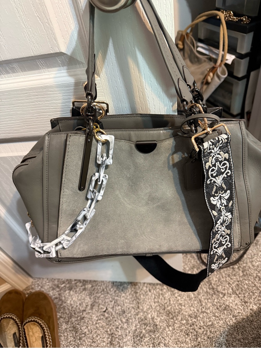 Coach Gray Suede & Leather Satchel Shoulder Bag
